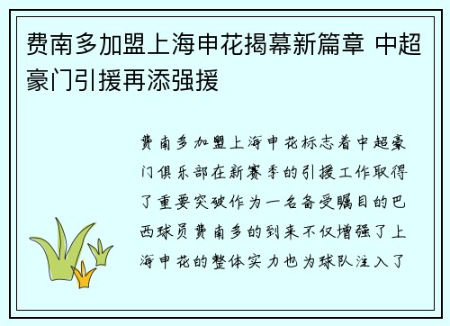 费南多加盟上海申花揭幕新篇章 中超豪门引援再添强援